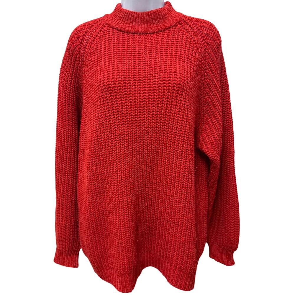 VTG 90s Headliners Sweater M Cable Knit RED Balloon Sleeve USA Granny Chunky